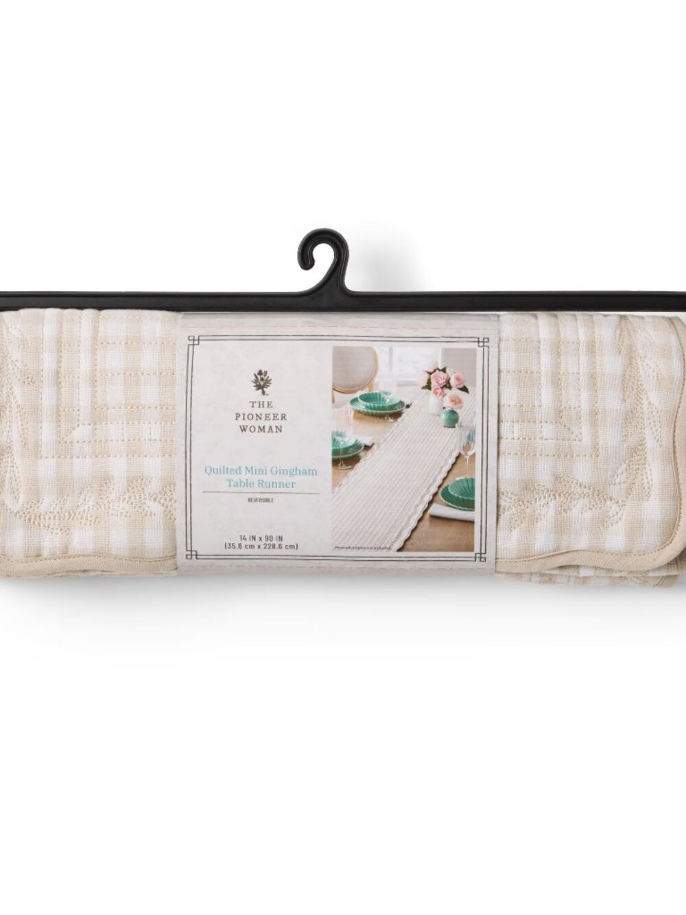 Pioneer Woman Quilted Mini Gingham Woven Table Runner, Beige, 14"x90" Farmhouse